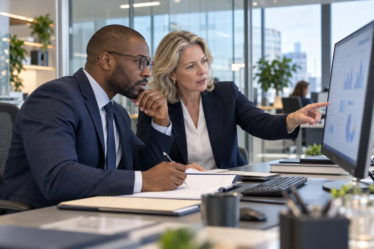 Analyste risques et responsable conformité examinant une recommandation sur ordinateur