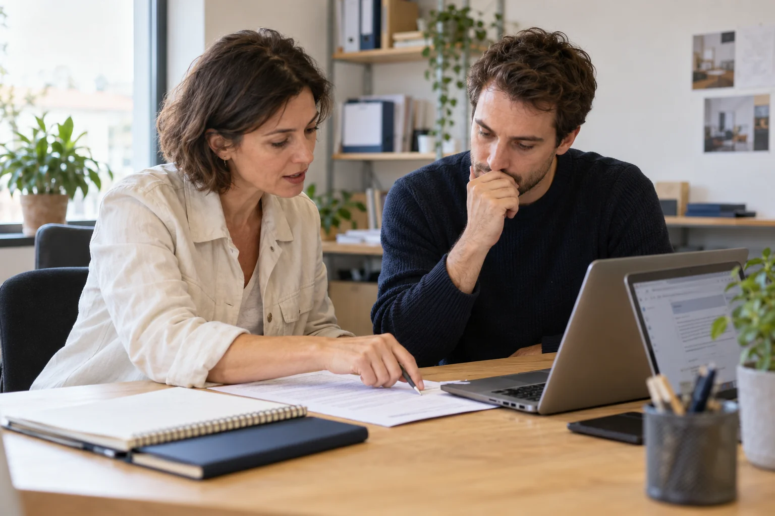 Deux collègues d’une petite entreprise préparent ensemble une réponse client avec une IA.